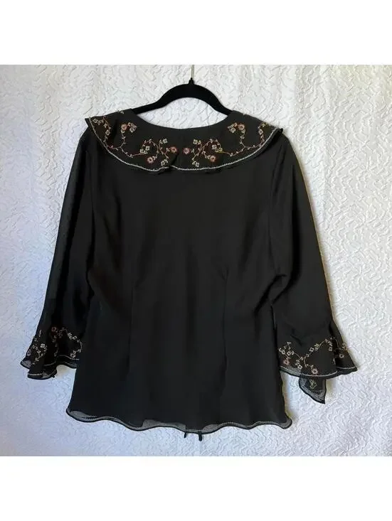 Dressbarn ruffled beaded embroidered black blouse - Picture 4 of 7